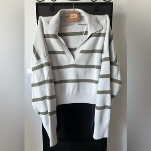Dynamite Ribbed V-Neck Sweater with Olive Green Stripes